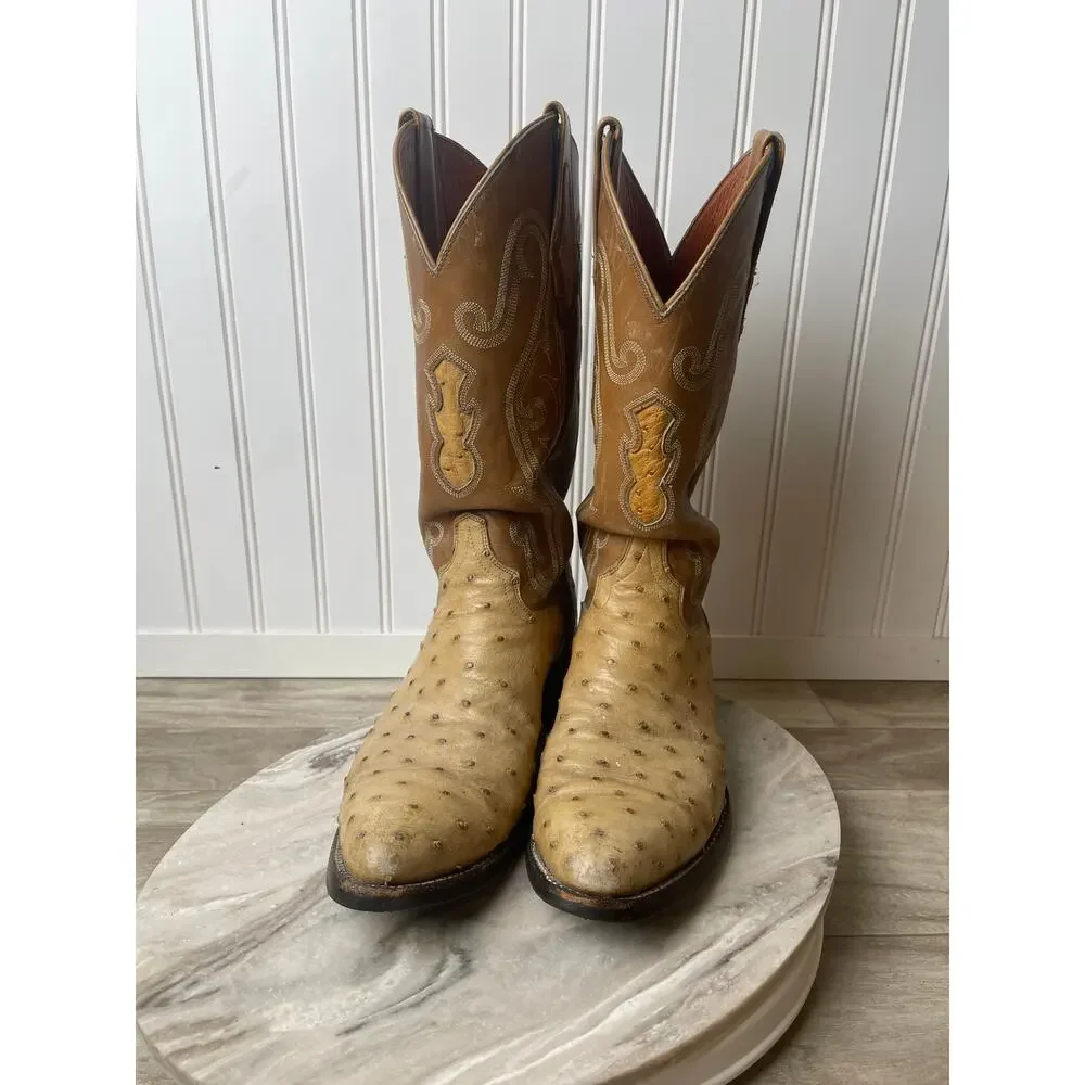 Boots Ostrich El Dorado M 8.5D 9918 Full Quill USA Handmade Western 96 Vintage